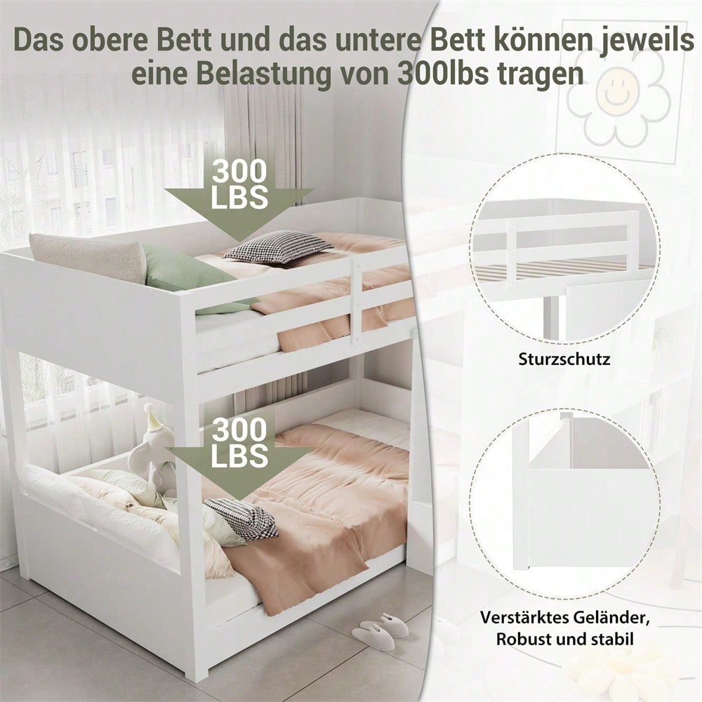 Kinder-Etagenbett,Doppelbett, multifunktionales Kinderbett, Mit Treppen und Schließfächern,stabiles Geländer, ohne Matratze, 90*200cm, Weiß