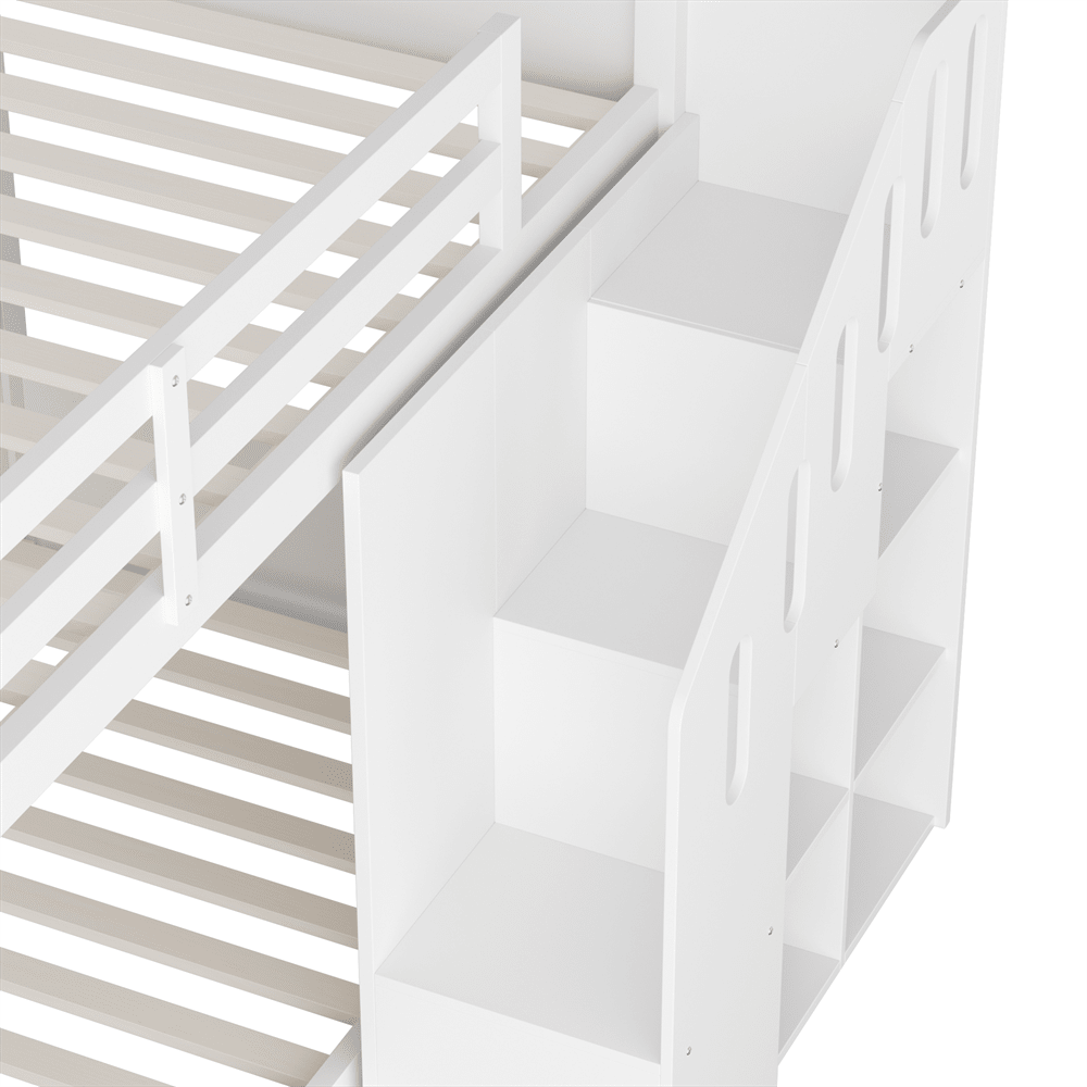 Kinder-Etagenbett,Doppelbett, multifunktionales Kinderbett, Mit Treppen und Schließfächern,stabiles Geländer, ohne Matratze, 90*200cm, Weiß