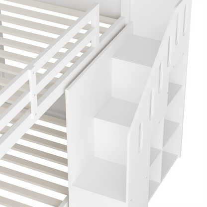 Kinder-Etagenbett,Doppelbett, multifunktionales Kinderbett, Mit Treppen und Schließfächern,stabiles Geländer, ohne Matratze, 90*200cm, Weiß