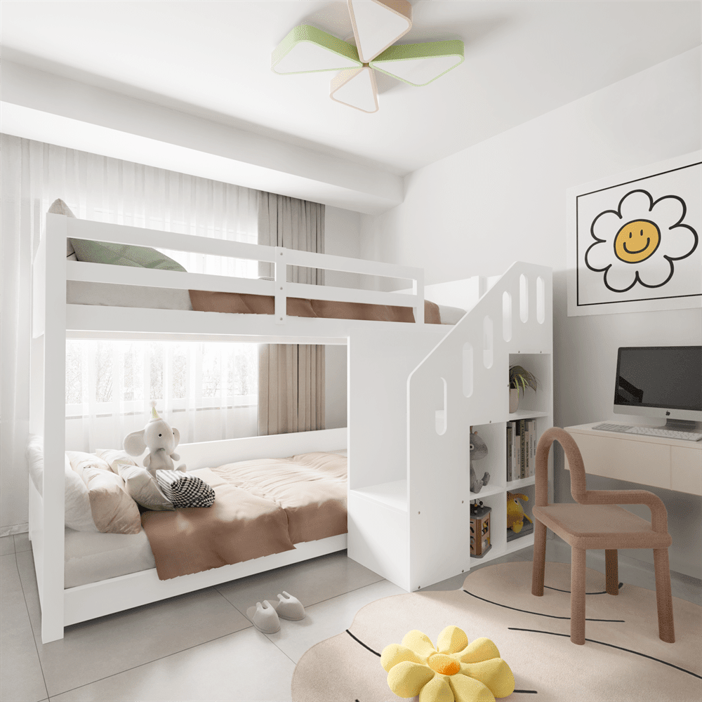 Kinder-Etagenbett,Doppelbett, multifunktionales Kinderbett, Mit Treppen und Schließfächern,stabiles Geländer, ohne Matratze, 90*200cm, Weiß