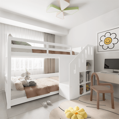 Kinder-Etagenbett,Doppelbett, multifunktionales Kinderbett, Mit Treppen und Schließfächern,stabiles Geländer, ohne Matratze, 90*200cm, Weiß