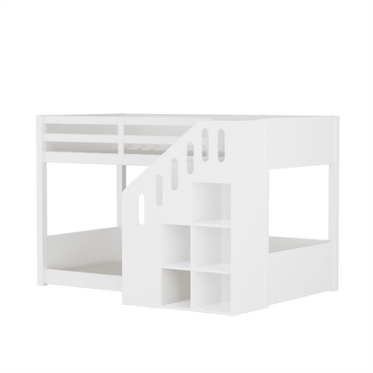 Kinder-Etagenbett,Doppelbett, multifunktionales Kinderbett, Mit Treppen und Schließfächern,stabiles Geländer, ohne Matratze, 90*200cm, Weiß