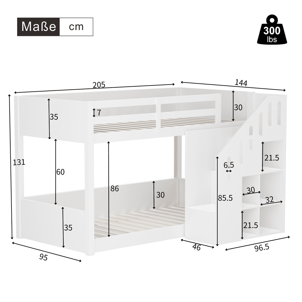 Kinder-Etagenbett,Doppelbett, multifunktionales Kinderbett, Mit Treppen und Schließfächern,stabiles Geländer, ohne Matratze, 90*200cm, Weiß