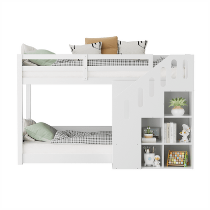 Kinder-Etagenbett,Doppelbett, multifunktionales Kinderbett, Mit Treppen und Schließfächern,stabiles Geländer, ohne Matratze, 90*200cm, Weiß