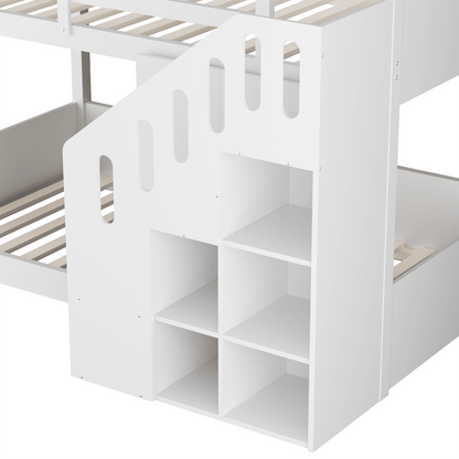 Kinder-Etagenbett,Doppelbett, multifunktionales Kinderbett, Mit Treppen und Schließfächern,stabiles Geländer, ohne Matratze, 90*200cm, Weiß
