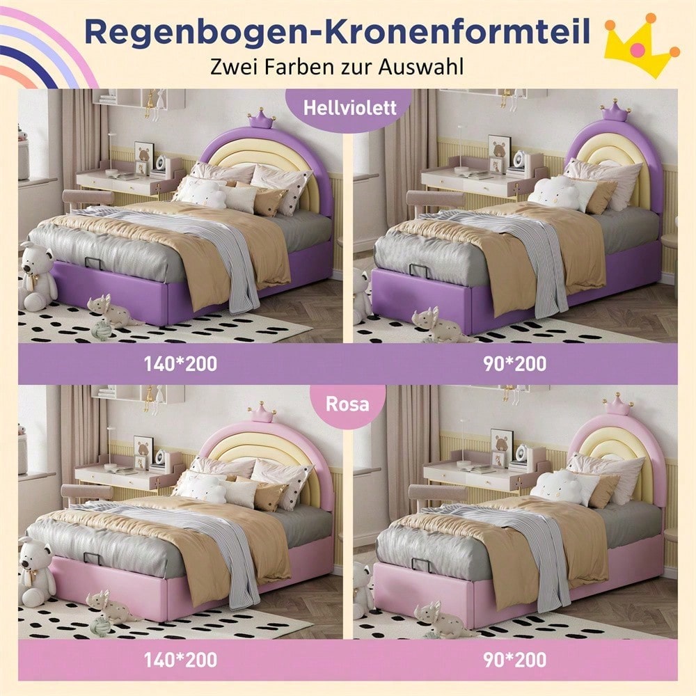 Polsterbett 90*200,Hydraulikbett,mit Lattenrost und Kopfteil, Jugendbett, Holzlattenunterstützung, Einfache Montage, höhenverstellbares Kopfteil, PU,Rosa
