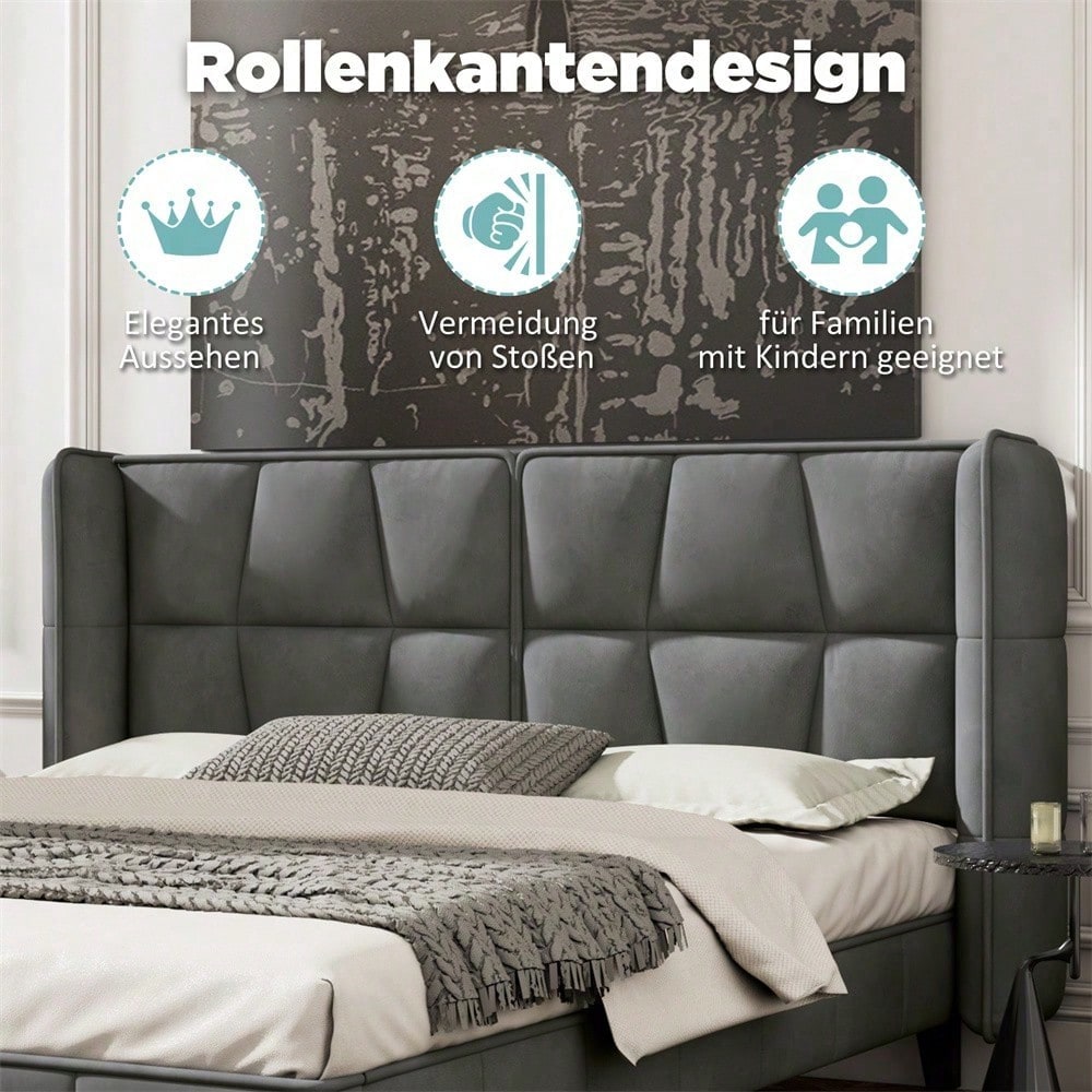 Polsterbett 140*200 mit Lattenrost und Kopfteil, Jugentbett, Holzlattenunterstützung, Einfache Montage, Samt, grau