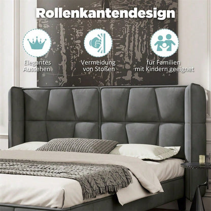 Polsterbett 140*200 mit Lattenrost und Kopfteil, Jugentbett, Holzlattenunterstützung, Einfache Montage, Samt, grau