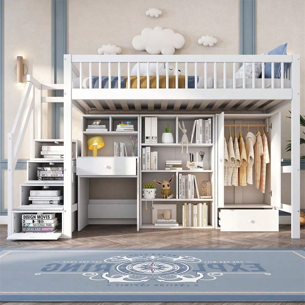 Kinderbett, Einzelbett, multifunktionales Kinderbett ,Mit Schreibtisch&Treppe&Schließfächern&Kleiderschrank,ohne Matratze,massivholz+MDF, weiß, 90*200
