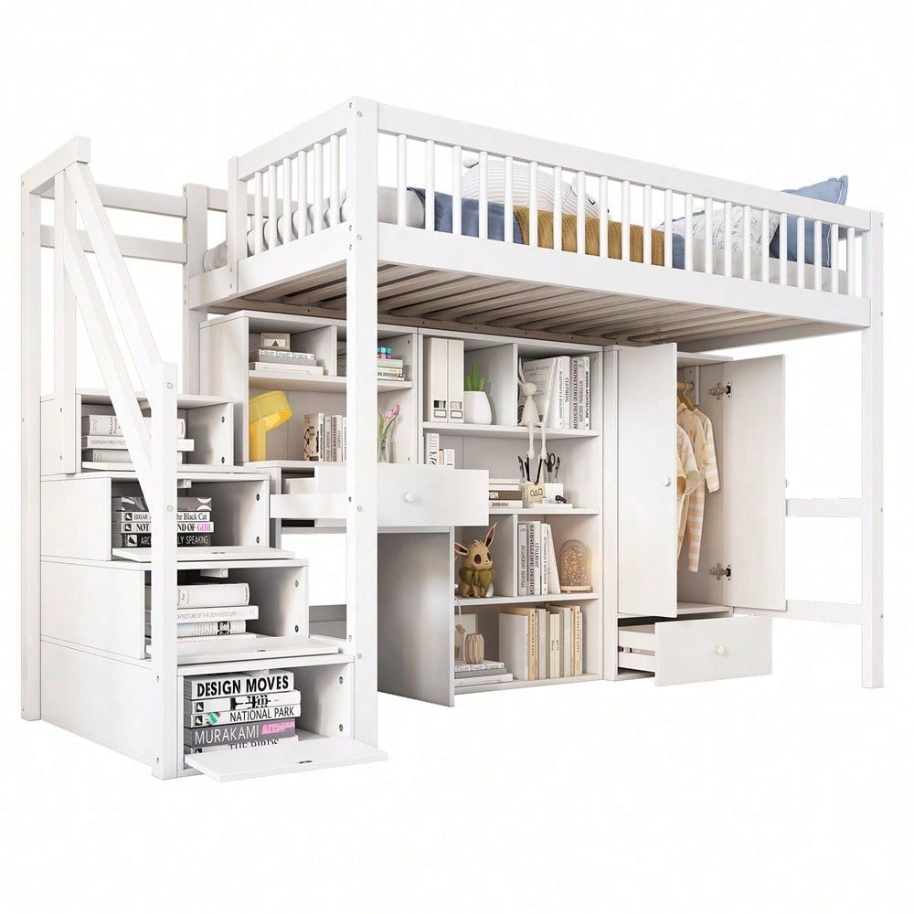 Kinderbett, Einzelbett, multifunktionales Kinderbett ,Mit Schreibtisch&Treppe&Schließfächern&Kleiderschrank,ohne Matratze,massivholz+MDF, weiß, 90*200