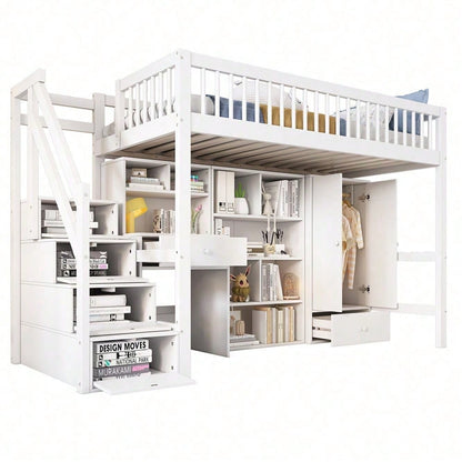 Kinderbett, Einzelbett, multifunktionales Kinderbett ,Mit Schreibtisch&Treppe&Schließfächern&Kleiderschrank,ohne Matratze,massivholz+MDF, weiß, 90*200