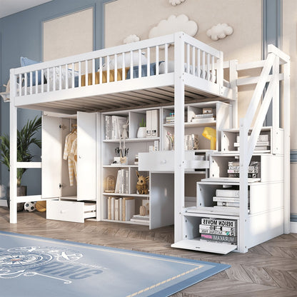 Kinderbett, Einzelbett, multifunktionales Kinderbett ,Mit Schreibtisch&Treppe&Schließfächern&Kleiderschrank,ohne Matratze,massivholz+MDF, weiß, 90*200