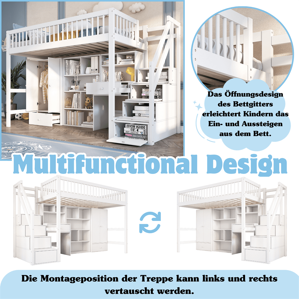 Kinderbett, Einzelbett, multifunktionales Kinderbett ,Mit Schreibtisch&Treppe&Schließfächern&Kleiderschrank,ohne Matratze,massivholz+MDF, weiß, 90*200