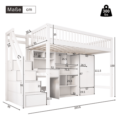 Kinderbett, Einzelbett, multifunktionales Kinderbett ,Mit Schreibtisch&Treppe&Schließfächern&Kleiderschrank,ohne Matratze,massivholz+MDF, weiß, 90*200