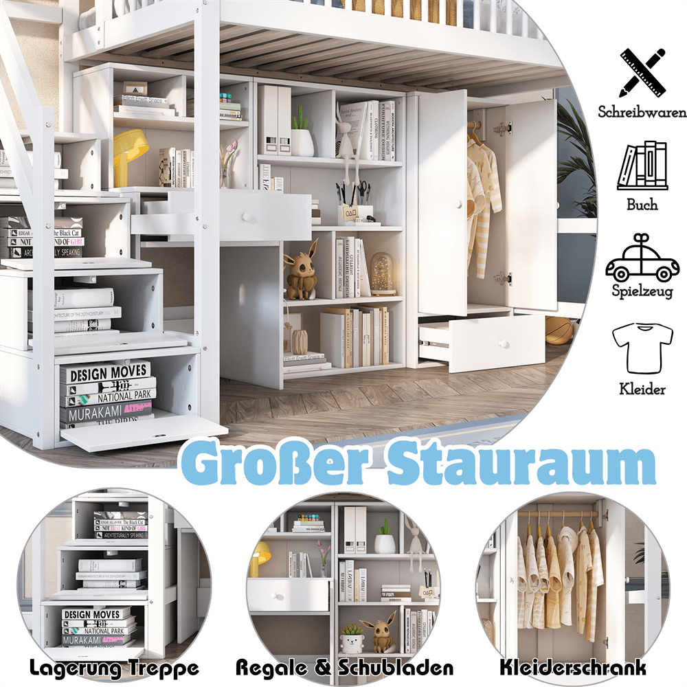 Kinderbett, Einzelbett, multifunktionales Kinderbett ,Mit Schreibtisch&Treppe&Schließfächern&Kleiderschrank,ohne Matratze,massivholz+MDF, weiß, 90*200