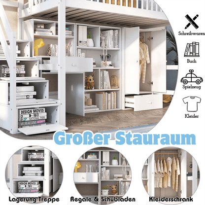 Kinderbett, Einzelbett, multifunktionales Kinderbett ,Mit Schreibtisch&Treppe&Schließfächern&Kleiderschrank,ohne Matratze,massivholz+MDF, weiß, 90*200