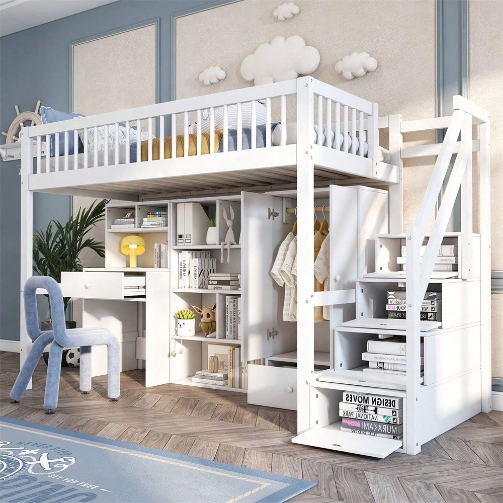 Kinderbett, Einzelbett, multifunktionales Kinderbett ,Mit Schreibtisch&Treppe&Schließfächern&Kleiderschrank,ohne Matratze,massivholz+MDF, weiß, 90*200