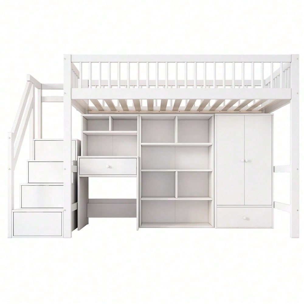 Kinderbett, Einzelbett, multifunktionales Kinderbett ,Mit Schreibtisch&Treppe&Schließfächern&Kleiderschrank,ohne Matratze,massivholz+MDF, weiß, 90*200