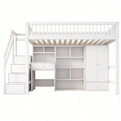 Kinderbett, Einzelbett, multifunktionales Kinderbett ,Mit Schreibtisch&Treppe&Schließfächern&Kleiderschrank,ohne Matratze,massivholz+MDF, weiß, 90*200