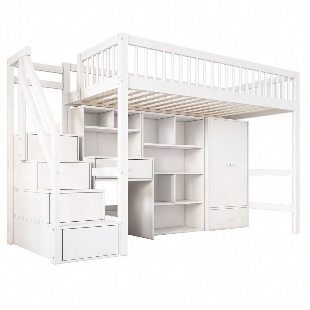 Kinderbett, Einzelbett, multifunktionales Kinderbett ,Mit Schreibtisch&Treppe&Schließfächern&Kleiderschrank,ohne Matratze,massivholz+MDF, weiß, 90*200