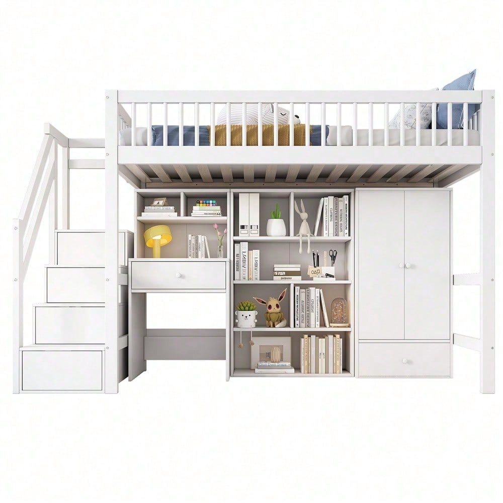 Kinderbett, Einzelbett, multifunktionales Kinderbett ,Mit Schreibtisch&Treppe&Schließfächern&Kleiderschrank,ohne Matratze,massivholz+MDF, weiß, 90*200