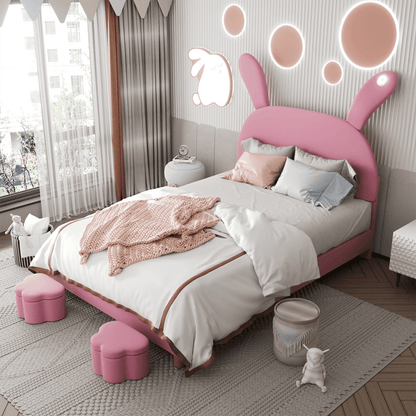 Polsterbett 140x200, mit zwei Aufbewahrungshockern, LED-Nachttischbeleuchtung, ausklappbare Hasenohren, ohne Matratze, Jugendbett, Lattenrost, höhenverstellbares Kopfteil, französischer Samt, rosa