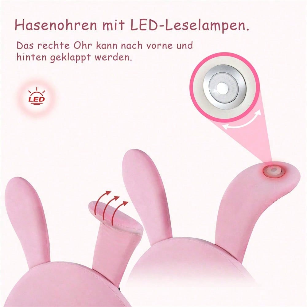 Polsterbett 140x200, mit zwei Aufbewahrungshockern, LED-Nachttischbeleuchtung, ausklappbare Hasenohren, ohne Matratze, Jugendbett, Lattenrost, höhenverstellbares Kopfteil, französischer Samt, rosa