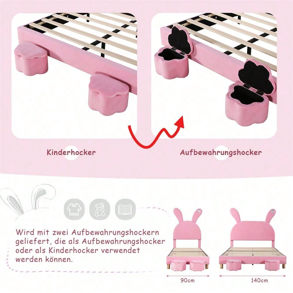 Polsterbett 140x200, mit zwei Aufbewahrungshockern, LED-Nachttischbeleuchtung, ausklappbare Hasenohren, ohne Matratze, Jugendbett, Lattenrost, höhenverstellbares Kopfteil, französischer Samt, rosa