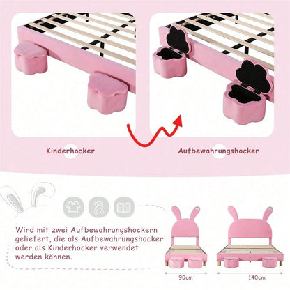 Polsterbett 140x200, mit zwei Aufbewahrungshockern, LED-Nachttischbeleuchtung, ausklappbare Hasenohren, ohne Matratze, Jugendbett, Lattenrost, höhenverstellbares Kopfteil, französischer Samt, rosa