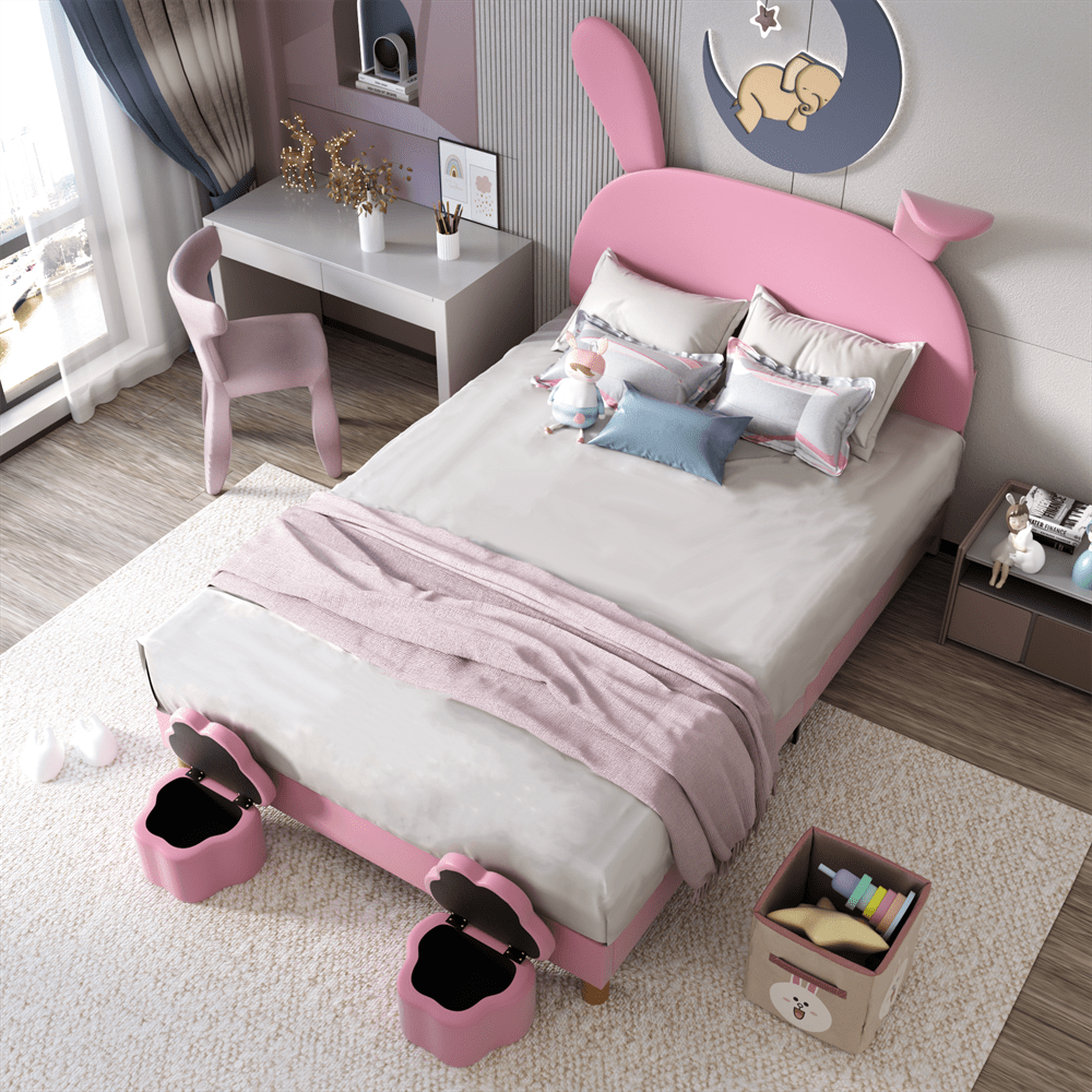 Polsterbett 140x200, mit zwei Aufbewahrungshockern, LED-Nachttischbeleuchtung, ausklappbare Hasenohren, ohne Matratze, Jugendbett, Lattenrost, höhenverstellbares Kopfteil, französischer Samt, rosa