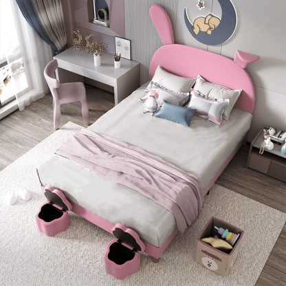 Polsterbett 140x200, mit zwei Aufbewahrungshockern, LED-Nachttischbeleuchtung, ausklappbare Hasenohren, ohne Matratze, Jugendbett, Lattenrost, höhenverstellbares Kopfteil, französischer Samt, rosa