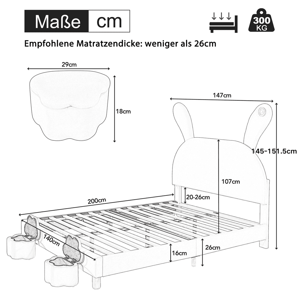 Polsterbett 140x200, mit zwei Aufbewahrungshockern, LED-Nachttischbeleuchtung, ausklappbare Hasenohren, ohne Matratze, Jugendbett, Lattenrost, höhenverstellbares Kopfteil, französischer Samt, rosa