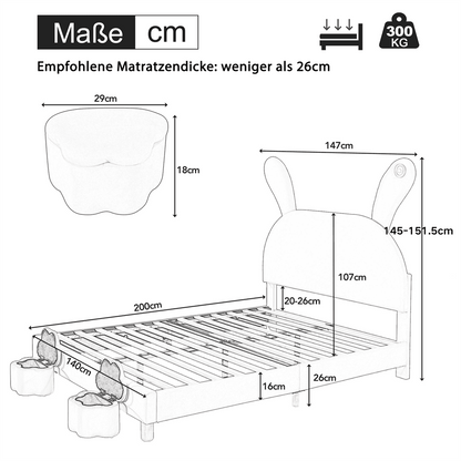 Polsterbett 140x200, mit zwei Aufbewahrungshockern, LED-Nachttischbeleuchtung, ausklappbare Hasenohren, ohne Matratze, Jugendbett, Lattenrost, höhenverstellbares Kopfteil, französischer Samt, rosa