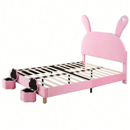Polsterbett 140x200, mit zwei Aufbewahrungshockern, LED-Nachttischbeleuchtung, ausklappbare Hasenohren, ohne Matratze, Jugendbett, Lattenrost, höhenverstellbares Kopfteil, französischer Samt, rosa