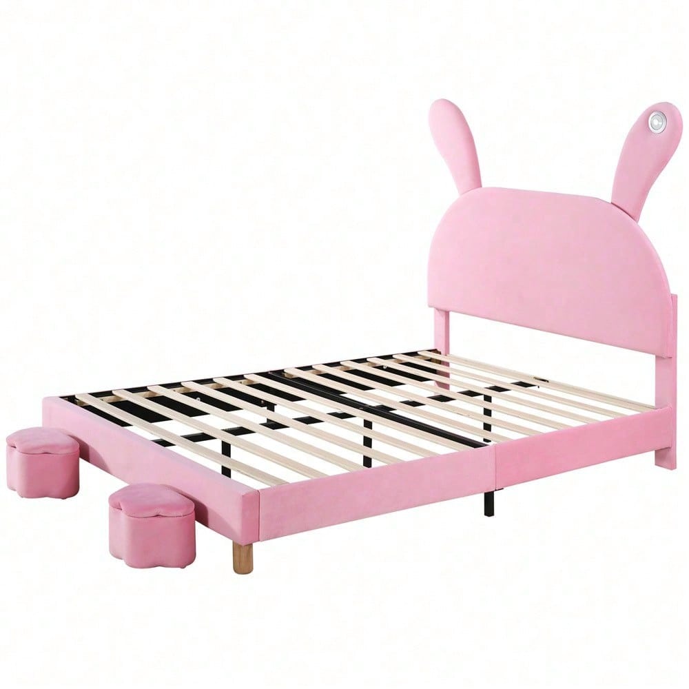 Polsterbett 140x200, mit zwei Aufbewahrungshockern, LED-Nachttischbeleuchtung, ausklappbare Hasenohren, ohne Matratze, Jugendbett, Lattenrost, höhenverstellbares Kopfteil, französischer Samt, rosa