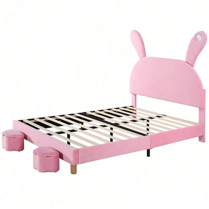 Polsterbett 140x200, mit zwei Aufbewahrungshockern, LED-Nachttischbeleuchtung, ausklappbare Hasenohren, ohne Matratze, Jugendbett, Lattenrost, höhenverstellbares Kopfteil, französischer Samt, rosa