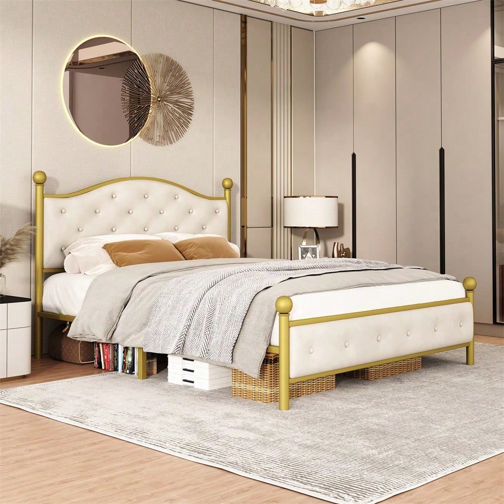 Modern Metallbett, Bettgestelle mit Lattenrost, Doppelbett, Bettrahmen mit Kopfteil, Gästebett, Jugendbett für Schlafzimmer, Gästezimmer, 140x200 cm, golden
