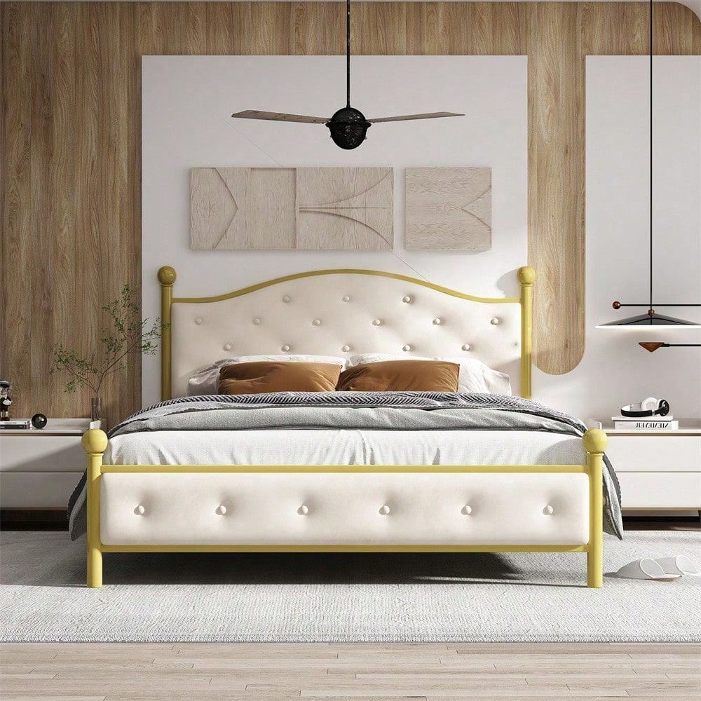 Modern Metallbett, Bettgestelle mit Lattenrost, Doppelbett, Bettrahmen mit Kopfteil, Gästebett, Jugendbett für Schlafzimmer, Gästezimmer, 140x200 cm, golden