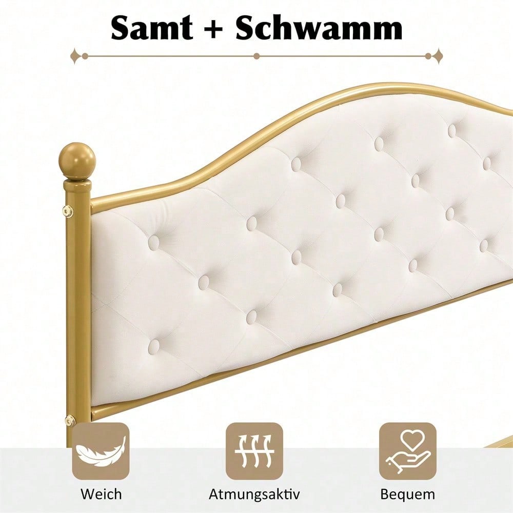 Modern Metallbett, Bettgestelle mit Lattenrost, Doppelbett, Bettrahmen mit Kopfteil, Gästebett, Jugendbett für Schlafzimmer, Gästezimmer, 140x200 cm, golden
