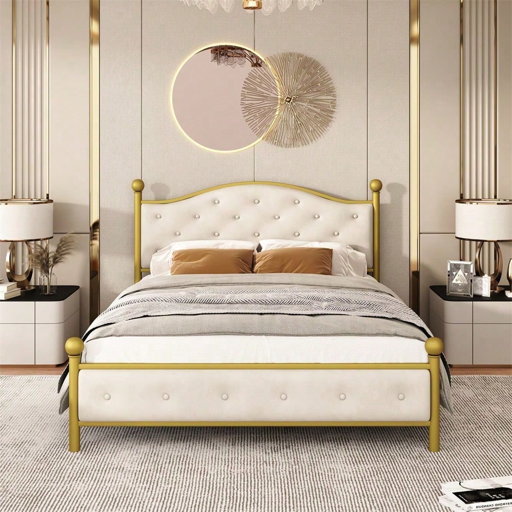 Modern Metallbett, Bettgestelle mit Lattenrost, Doppelbett, Bettrahmen mit Kopfteil, Gästebett, Jugendbett für Schlafzimmer, Gästezimmer, 140x200 cm, golden