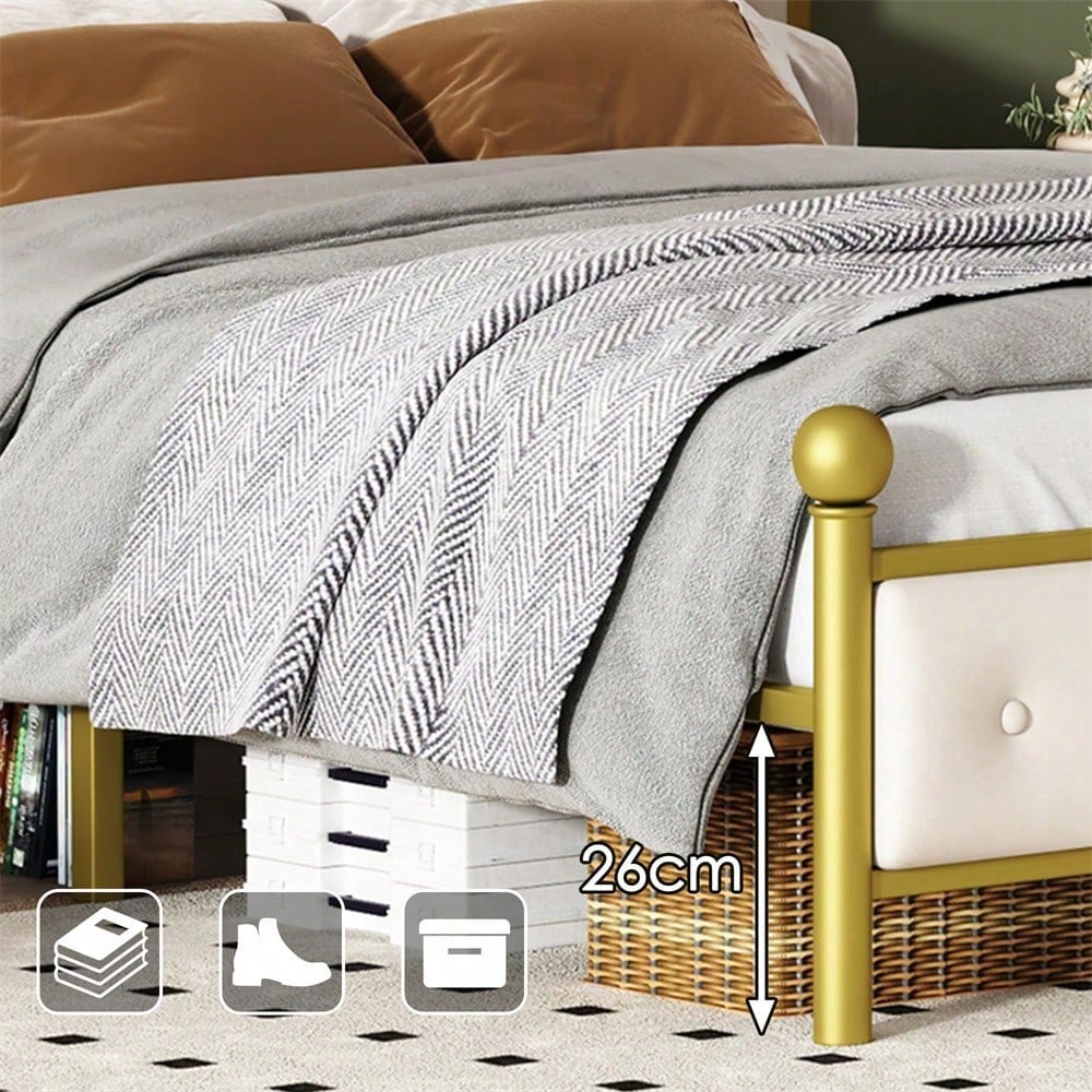 Modern Metallbett, Bettgestelle mit Lattenrost, Doppelbett, Bettrahmen mit Kopfteil, Gästebett, Jugendbett für Schlafzimmer, Gästezimmer, 140x200 cm, golden