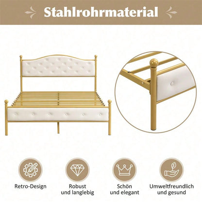 Modern Metallbett, Bettgestelle mit Lattenrost, Doppelbett, Bettrahmen mit Kopfteil, Gästebett, Jugendbett für Schlafzimmer, Gästezimmer, 140x200 cm, golden