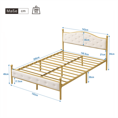 Modern Metallbett, Bettgestelle mit Lattenrost, Doppelbett, Bettrahmen mit Kopfteil, Gästebett, Jugendbett für Schlafzimmer, Gästezimmer, 140x200 cm, golden
