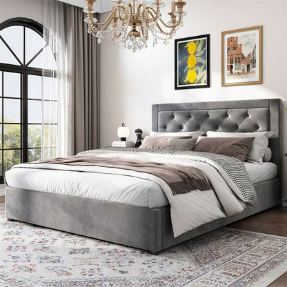 Polsterbett,Stauraumbett mit linker und rechter abhebbarer Bettkasten,Chesterfield-Stil,Schaumstoffgefülltes Kopfteil,Doppelbett aus Stahlrahmen,Samt,140*200cm,grau