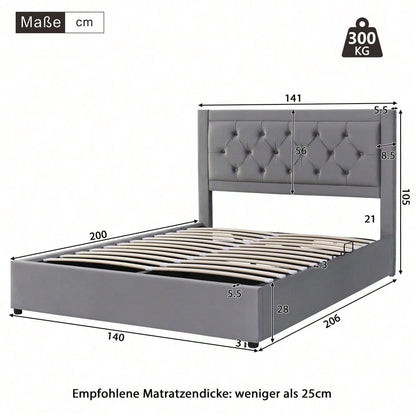Polsterbett,Stauraumbett mit linker und rechter abhebbarer Bettkasten,Chesterfield-Stil,Schaumstoffgefülltes Kopfteil,Doppelbett aus Stahlrahmen,Samt,140*200cm,grau