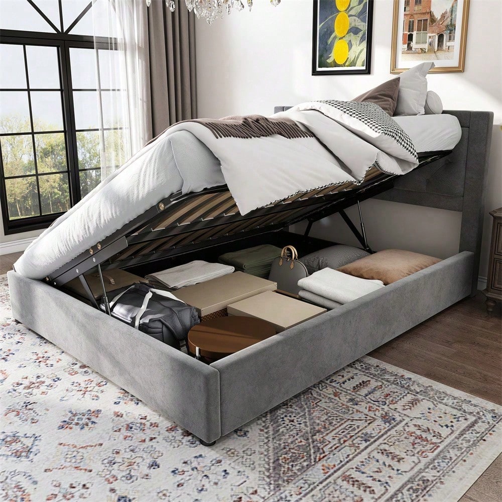 Polsterbett,Stauraumbett mit linker und rechter abhebbarer Bettkasten,Chesterfield-Stil,Schaumstoffgefülltes Kopfteil,Doppelbett aus Stahlrahmen,Samt,140*200cm,grau