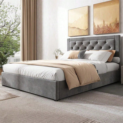 Polsterbett,Stauraumbett mit linker und rechter abhebbarer Bettkasten,Chesterfield-Stil,Schaumstoffgefülltes Kopfteil,Doppelbett aus Stahlrahmen,Samt,140*200cm,grau