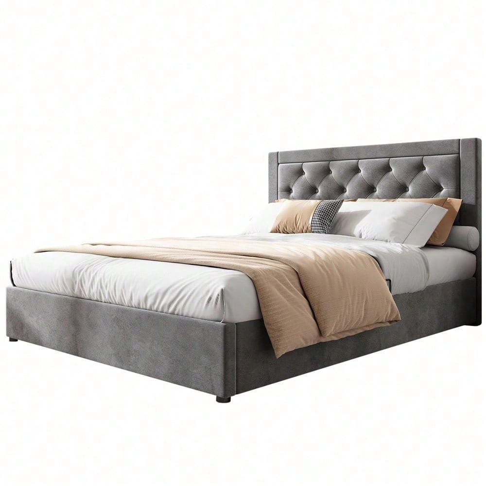 Polsterbett,Stauraumbett mit linker und rechter abhebbarer Bettkasten,Chesterfield-Stil,Schaumstoffgefülltes Kopfteil,Doppelbett aus Stahlrahmen,Samt,140*200cm,grau