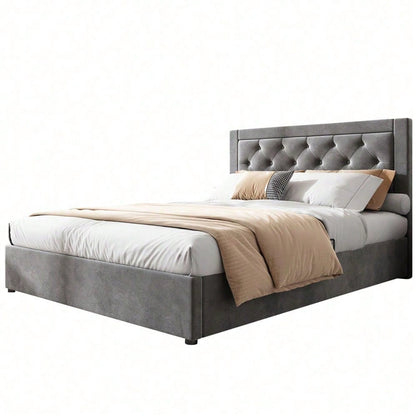 Polsterbett,Stauraumbett mit linker und rechter abhebbarer Bettkasten,Chesterfield-Stil,Schaumstoffgefülltes Kopfteil,Doppelbett aus Stahlrahmen,Samt,140*200cm,grau