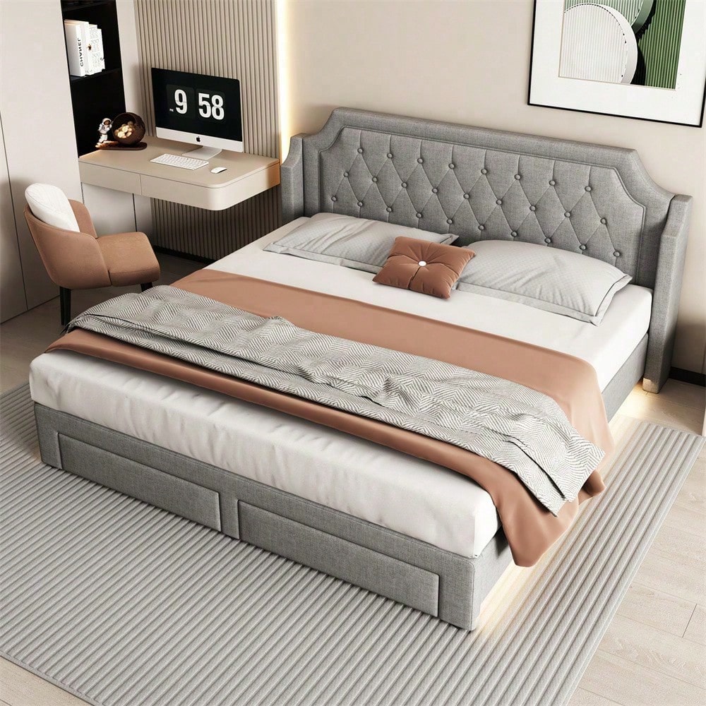 Polsterbett 180*200 mit Lattenrost und Kopfteil, mit 2 Schubladen, LED-Bett, Jugendbett, für Erwachsene & Jugendliche, Holzlattenunterstützung, Einfache Montage, Leinen, grau